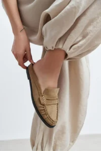 Nisantasi Shoes Debra ROME BEIGE Suede Leather Flat Sole Women Loafer Slippers - Image 2