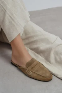 Nisantasi Shoes Harvey ROME BEIGE GENUINE Drink-Dış Leather Suede Flat Sole Women Loafer Slippers - Image 8