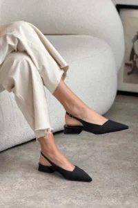 Nisantasi Shoes VIKTOR Black MATTE Front Black Satin Ankle Belt Detailed Pointed toe Short Heels Women Flats