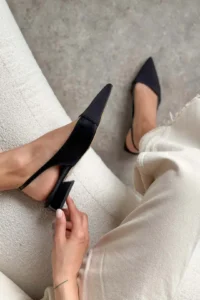 Nisantasi Shoes VIKTOR Black MATTE Front Black Satin Ankle Belt Detailed Pointed toe Short Heels Women Flats - Image 3