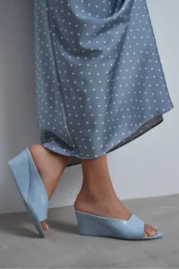 Nisantasi Shoes Allison Bebe Blue RUSTIC Patterned Wedge Heels Women Slippers - Image 7