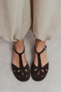 Nisantasi Shoes Harpy DARK Brown Suede Leather Hair Clip Detailed Flat Sole Women Sandals - Image 2