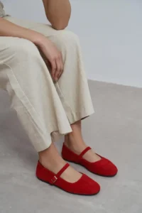 Nisantasi Shoes Mono Red SUEDE GENUINE Leather Hair Clip Detailed Flat Sole Women Flats - Image 6