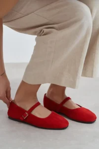 Nisantasi Shoes Mono Red SUEDE GENUINE Leather Hair Clip Detailed Flat Sole Women Flats - Image 8