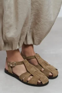 Nisantasi Shoes BIRD ROME BEIGE SUEDE GENUINE Leather Hair Clip Detailed Flat Sole Women Sandals - Image 6