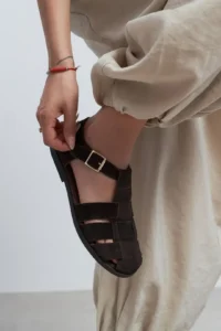 Nisantasi Shoes Marcel Brown Suede Leather Hair Clip Detailed Flat Sole Women Sandals - Image 8