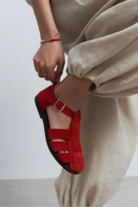Nisantasi Shoes Marcel Red SUEDE Leather Hair Clip Detailed Flat Sole Women Sandals - Image 6