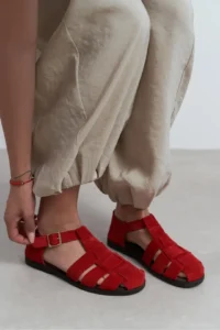 Nisantasi Shoes Marcel Red SUEDE Leather Hair Clip Detailed Flat Sole Women Sandals - Image 7