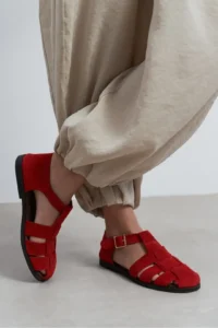 Nisantasi Shoes Marcel Red SUEDE Leather Hair Clip Detailed Flat Sole Women Sandals - Image 8