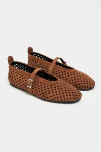 Nisantasi Shoes Belinda Tan Suede Leather Studded Hair Clip Detailed Flat Sole Women Flats - Image 5
