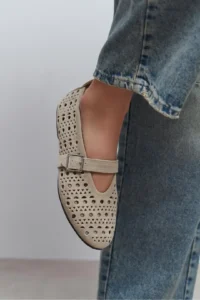 Nisantasi Shoes Patter BEIGE Suede Studded GENUINE Leather Hair Clip Detailed Flat Sole Women Flats - Image 8