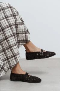 Nisantasi Shoes Patter Brown Suede Studded GENUINE Leather Hair Clip Detailed Flat Sole Women Flats - Image 2