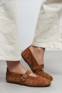 Nisantasi Shoes Patter Tan Suede Studded GENUINE Leather Hair Clip Detailed Flat Sole Women Flats - Image 2