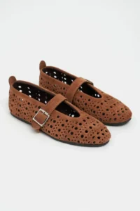 Nisantasi Shoes Patter Tan Suede Studded GENUINE Leather Hair Clip Detailed Flat Sole Women Flats - Image 6