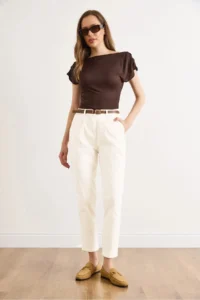 Olalook Women's Ecru Belted Pocket Waist Rear Elastic Cotton Carrot Trousers