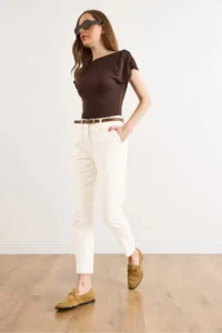 Olalook Women's Ecru Belted Pocket Waist Rear Elastic Cotton Carrot Trousers - Image 3