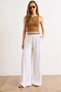 Olalook Women's White Half Lined Crinkle Waist Detailed Trousers