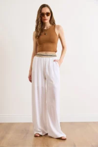 Olalook Women's White Half Lined Crinkle Waist Detailed Trousers - Image 2
