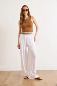 Olalook Women's White Half Lined Crinkle Waist Detailed Trousers - Image 3