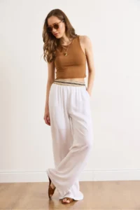 Olalook Women's White Half Lined Crinkle Waist Detailed Trousers - Image 4