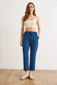 Olalook Women's Indigo Elastic Waist Pocket Woven Trousers - Image 2