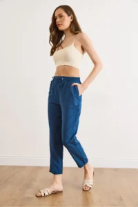 Olalook Women's Indigo Elastic Waist Pocket Woven Trousers - Image 4