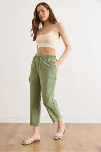 Olalook Women's Khaki Elastic Waist Pocket Woven Trousers