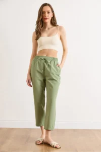 Olalook Women's Khaki Elastic Waist Pocket Woven Trousers - Image 3