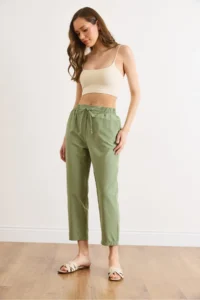 Olalook Women's Khaki Elastic Waist Pocket Woven Trousers - Image 4