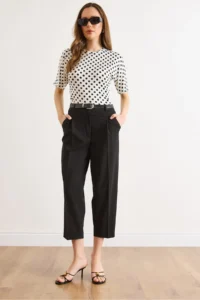 Olalook Women's Black Belted Pleated Polyviscon Fabric Carrot Trousers