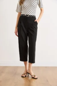 Olalook Women's Black Belted Pleated Polyviscon Fabric Carrot Trousers - Image 5