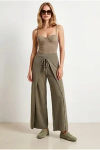 Olalook Women's Khaki Layered Tie Detailed Wide Leg Linen Trousers