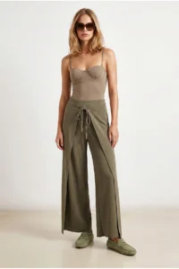 Olalook Women's Khaki Layered Tie Detailed Wide Leg Linen Trousers - Image 2