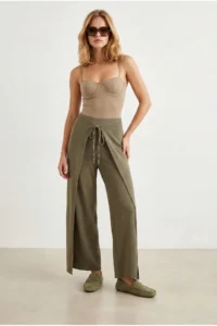 Olalook Women's Khaki Layered Tie Detailed Wide Leg Linen Trousers - Image 3