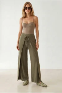 Olalook Women's Khaki Layered Tie Detailed Wide Leg Linen Trousers - Image 4