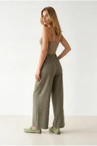 Olalook Women's Khaki Layered Tie Detailed Wide Leg Linen Trousers - Image 5