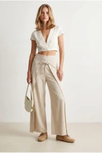 Olalook Women's Stone Layered Lacing Detailed Wide Leg Linen Trousers - Image 2