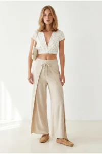 Olalook Women's Stone Layered Lacing Detailed Wide Leg Linen Trousers - Image 3