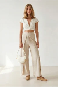 Olalook Women's Stone Layered Lacing Detailed Wide Leg Linen Trousers - Image 4