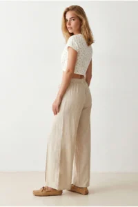 Olalook Women's Stone Layered Lacing Detailed Wide Leg Linen Trousers - Image 5