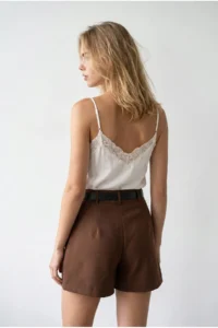 Olalook Women's Brown Belted Pocket Bridge Detailed Atlas Shorts - Image 5