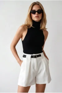 Olalook Women's Ecru Belted Pocket Bridge Detailed Atlas Shorts - Image 2