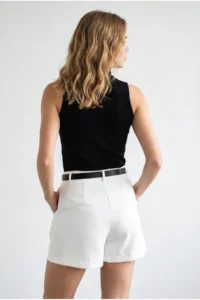 Olalook Women's Ecru Belted Pocket Bridge Detailed Atlas Shorts - Image 6