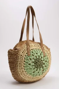 SHOES Green Color Blocked Hand Knitted Wicker Women Medium Size Round Shoulder Bag - Image 2