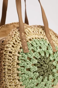 SHOES Green Color Blocked Hand Knitted Wicker Women Medium Size Round Shoulder Bag - Image 3