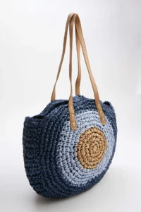 SHOES Navy Blue Color Blocked Hand Knitted Wicker Women Medium Size Round Shoulder Bag - Image 2