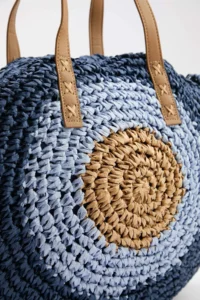 SHOES Navy Blue Color Blocked Hand Knitted Wicker Women Medium Size Round Shoulder Bag - Image 3