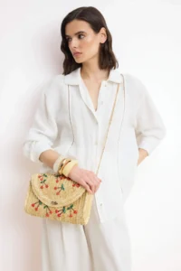 SHOES Beige Cherry Embroidered Wicker Mini Size Women portfolio & Clutch Bag