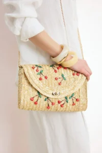 SHOES Beige Cherry Embroidered Wicker Mini Size Women portfolio & Clutch Bag - Image 2