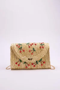 SHOES Beige Cherry Embroidered Wicker Mini Size Women portfolio & Clutch Bag - Image 3